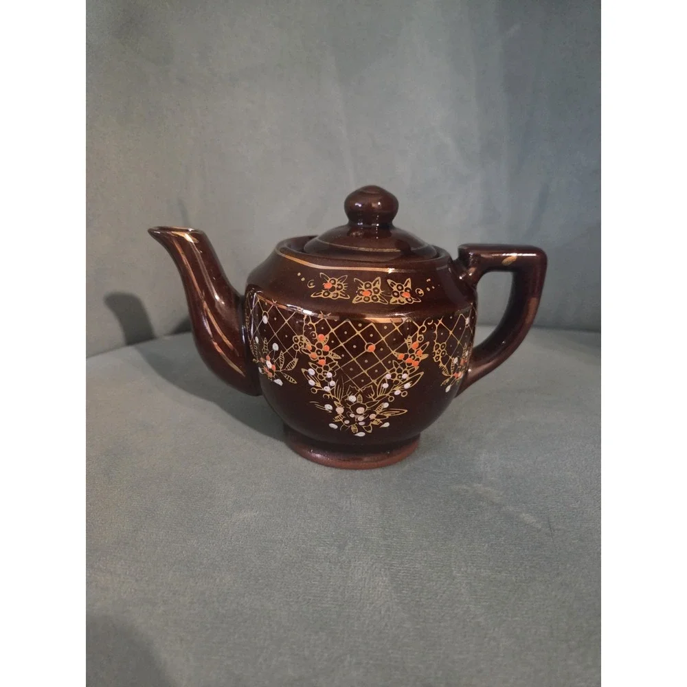 Vtg Brown Betty Redware Teapot Moriage Enamel Hand Painted Japan Set Of 4